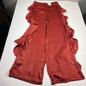 Moon River Wide Leg Satin Pants Red Ruffled Flowy Evening Wear Glam Bold S NEW
